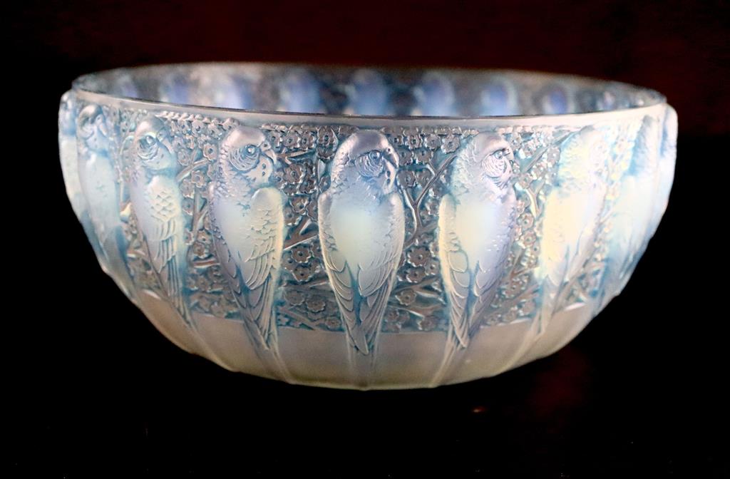 René Lalique. A pre-war opalescent glass Perruches pattern bowl, no.491, designed in 1931, 25cm diameter